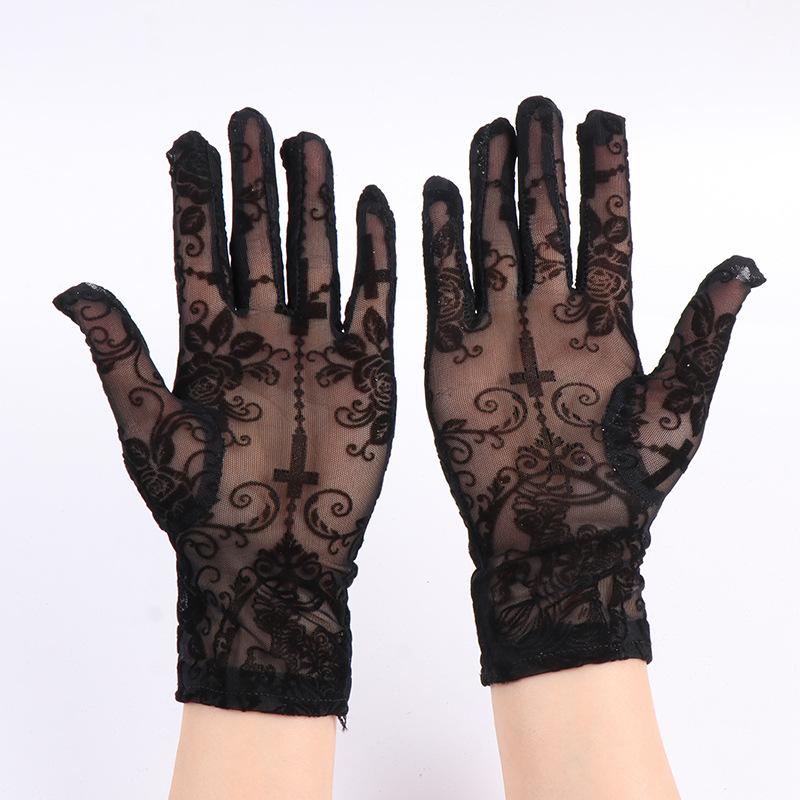 

Сексуальные черные кружевные сетчатые длинные перчатки с цветами-крестами для женщин, эластичные, прозрачные, аксессуары для косплея, Хэллоуина, сценических выступлений One Size