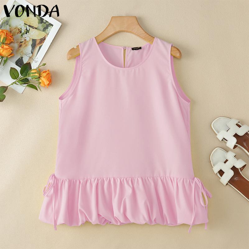VONDA Women Summer Sleeveless Solid Color Casual Pleated Tank Tops