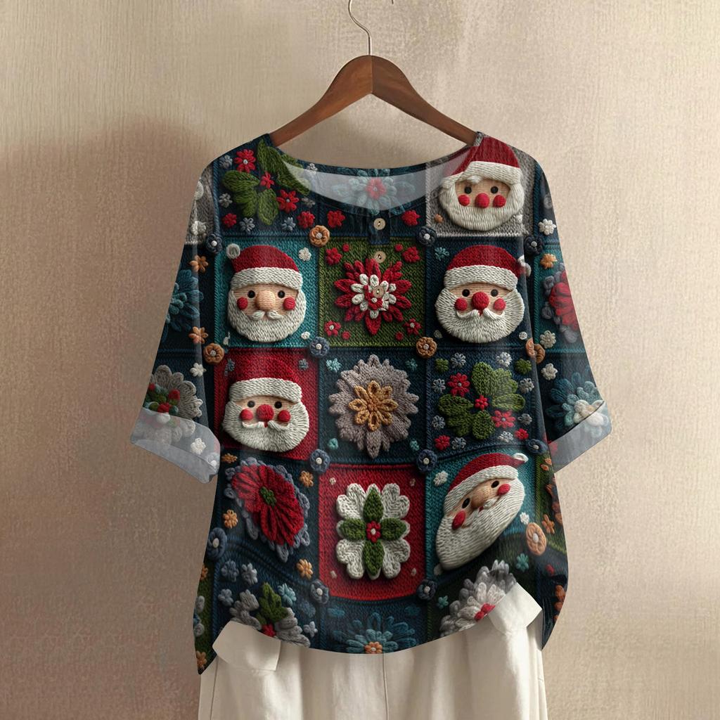 Women's Fashionable And Casual Shirt Half-sleeve Round Neck Print Cotton And Linen Blouse Top