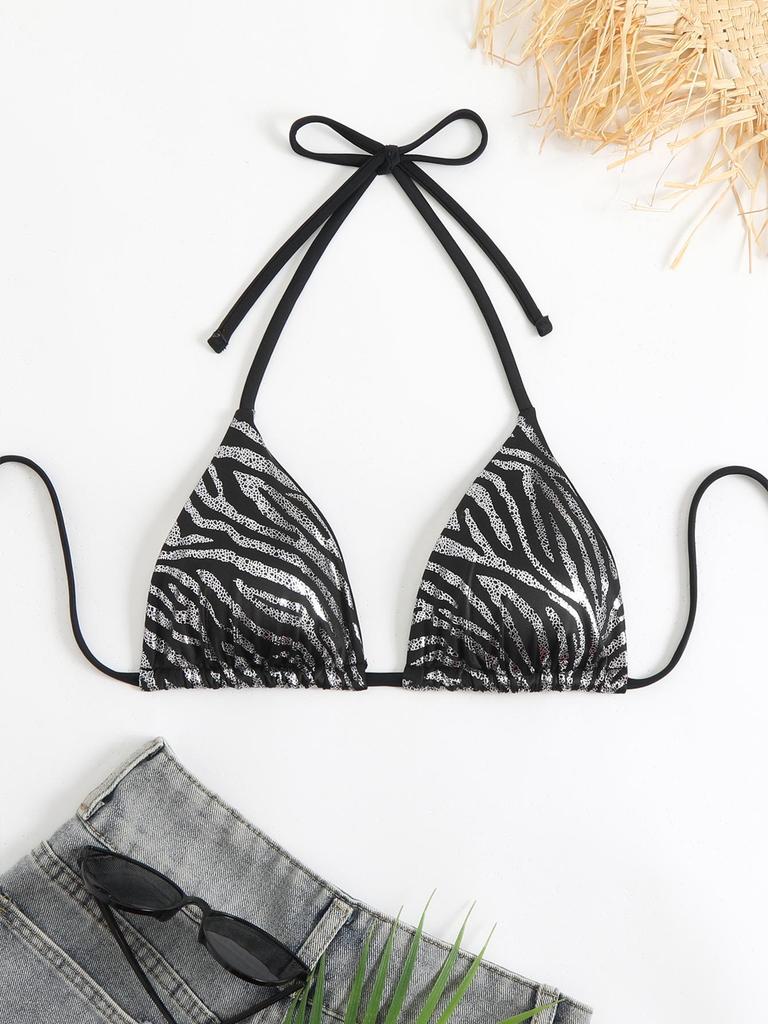 2026 Sexy Zebra Print Triangle Bikini Top - Open Back Tie-up Halter Swimsuit