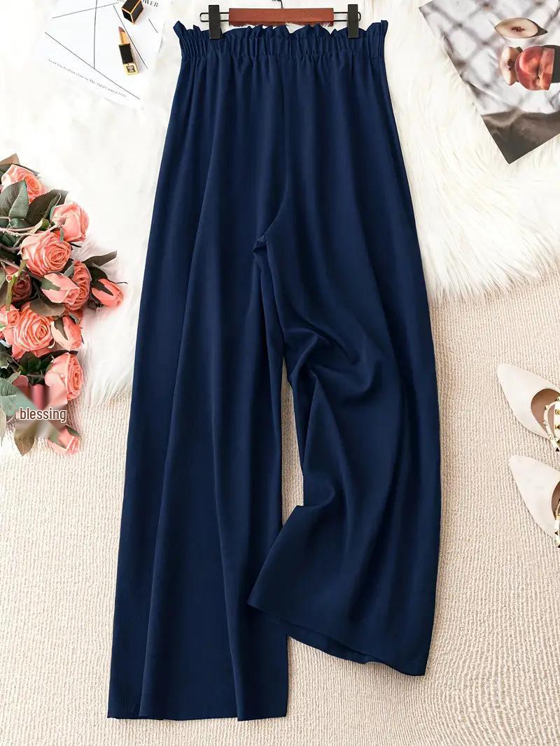 

2025 European & American Cross-border Summer Solid Color Plus Size Loose Straight-Leg Wide-Leg Casual Beach Pants 1XL темно-синього кольору