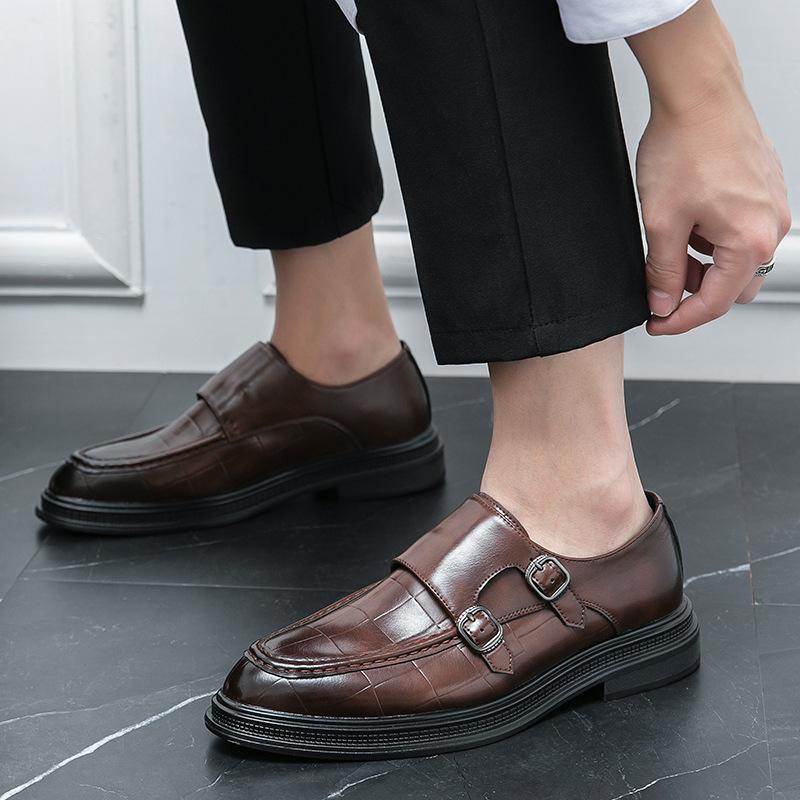 Business dress leather shoes men's size 38-46 pointed leather shoes double buckle British men's leather shoes