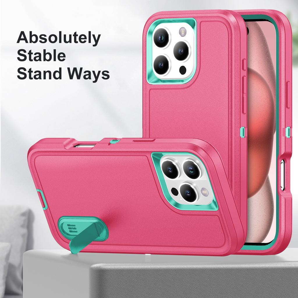 For iPhone 16 Pro Case PC+Silicone+EVA 3-in-1 Protective Phone Cover with Kickstand