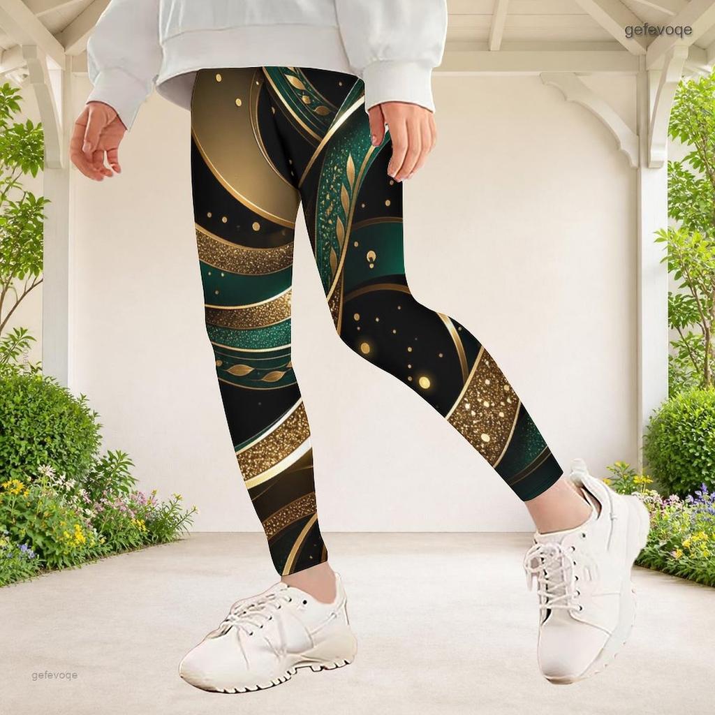 Girls Black Golden Glitter Print Full Length Stretch Waist Fitted Yoga Leggings