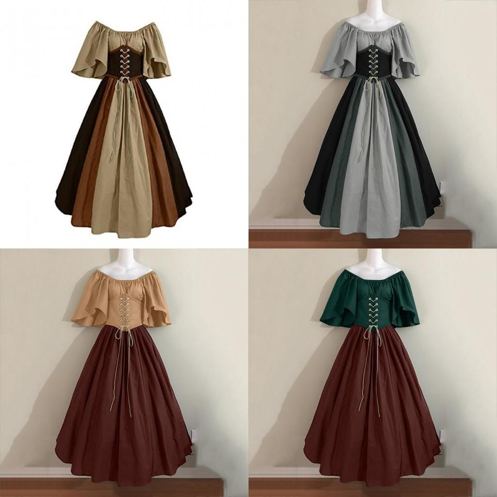 Halloween Women Medieval Fancy Cosplay Costume Stitching Lace Up Maxi Dress