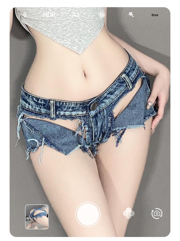 Linlin Ting Women's Low Waist Open Crotch Ripped Denim Lingerie Shorts - Sexy Nightclub Temptation Wear