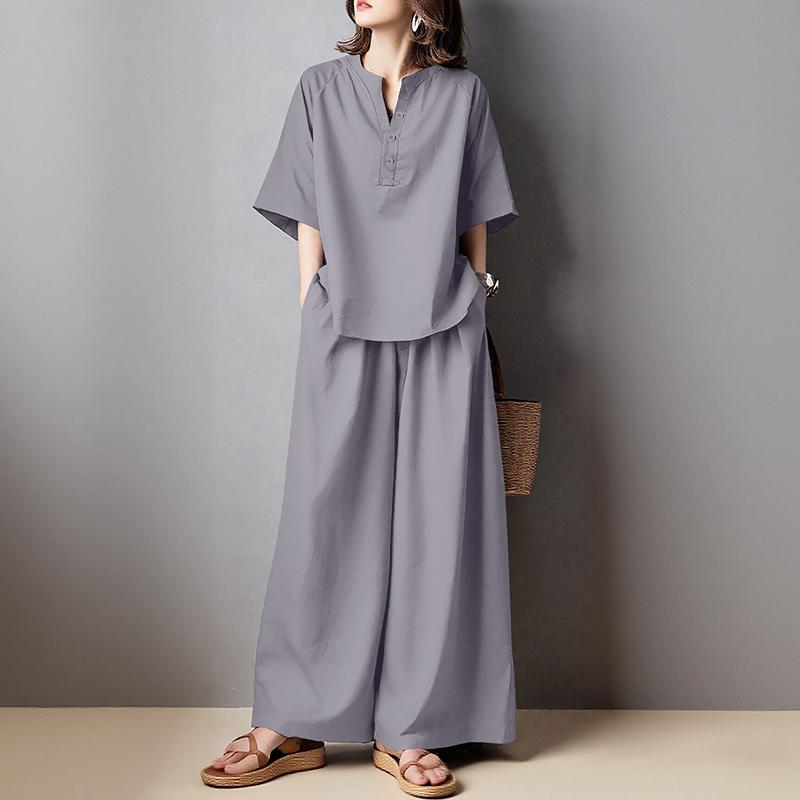 ZANZEA Women 3/4 Sleeve Blouse and Pants Casual Two Piece Suit Sets