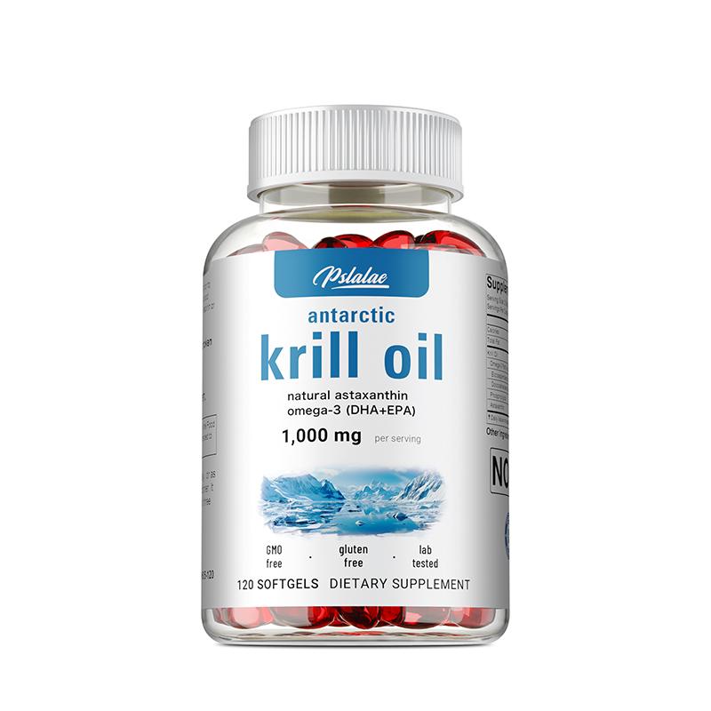 Capsule molli di olio di krill ad alta purezza, contenenti Omega-3, EPA, DHA e astaxantina, adatte sia per uomini che per donne.