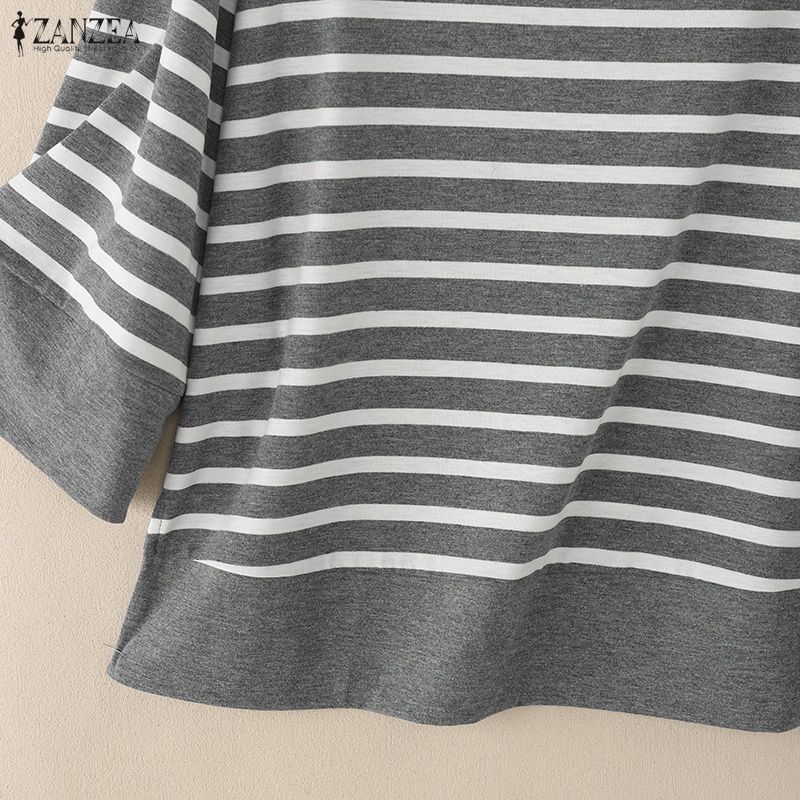 ZANZEA Women Casual Round Neck Loose 3/4 Sleeve Stripe Blouse