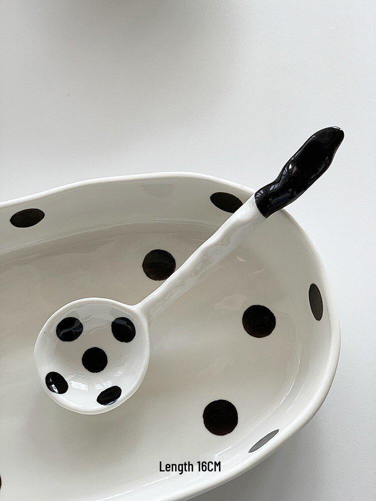 Japanese Style Polka Dot Textured Ceramic Salad & Fish Oval Bowl чёрный