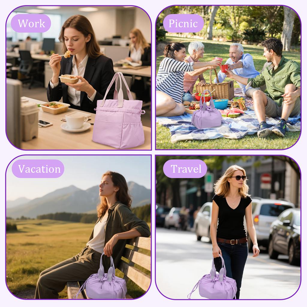 Cute Food Bag Women with Handle and Multiple Pockets Reusable Large Capacity Insulation Food Bag with Cinch Closure for Office