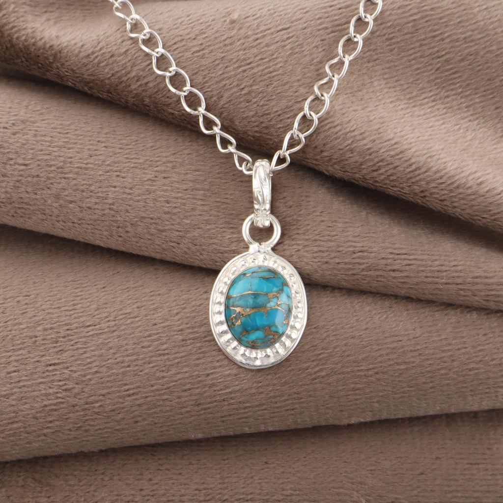 Blue Copper Turquoise Handmade Gemstone Pendant, 925 Solid Sterling Silver Pendant Antique Jewelry, For Engagement Gift