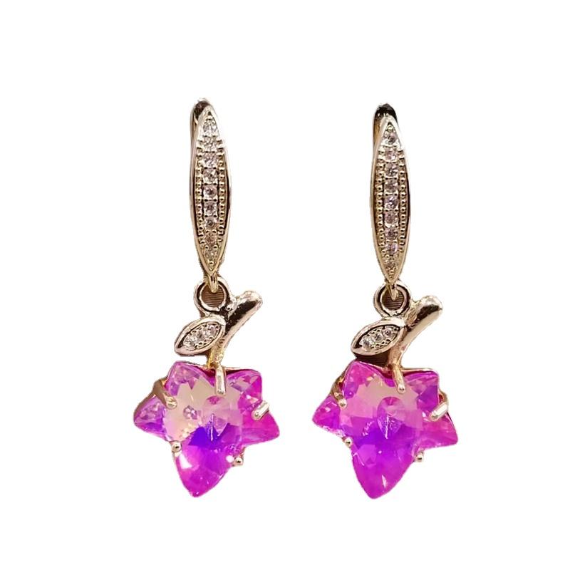 Korea Pink Zircon Maple Leaf Drop Earrings for Women Fashion Gold Color Earring Jewelry Wedding Party Accessories