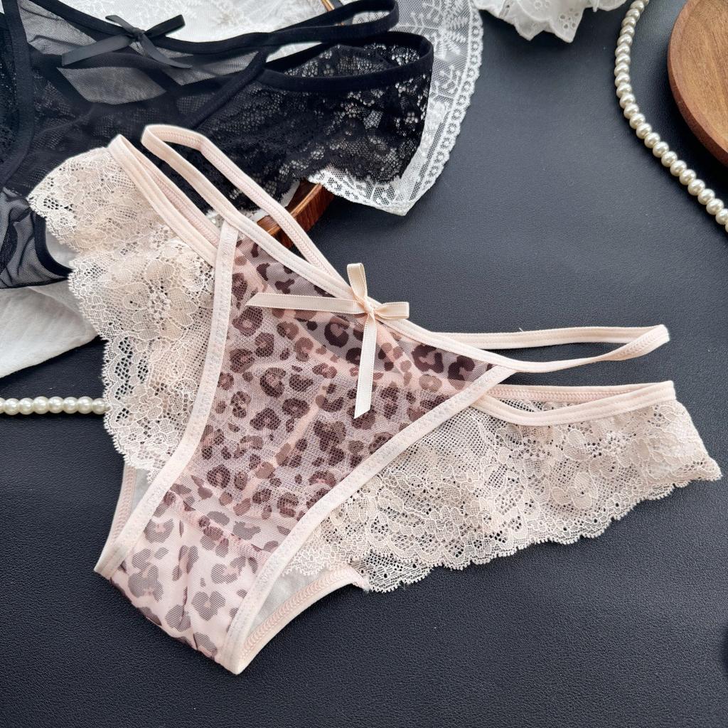 Lady Summer Sexy Lace Edge Leopard Print Mesh Low Waist Triangle Briefs
