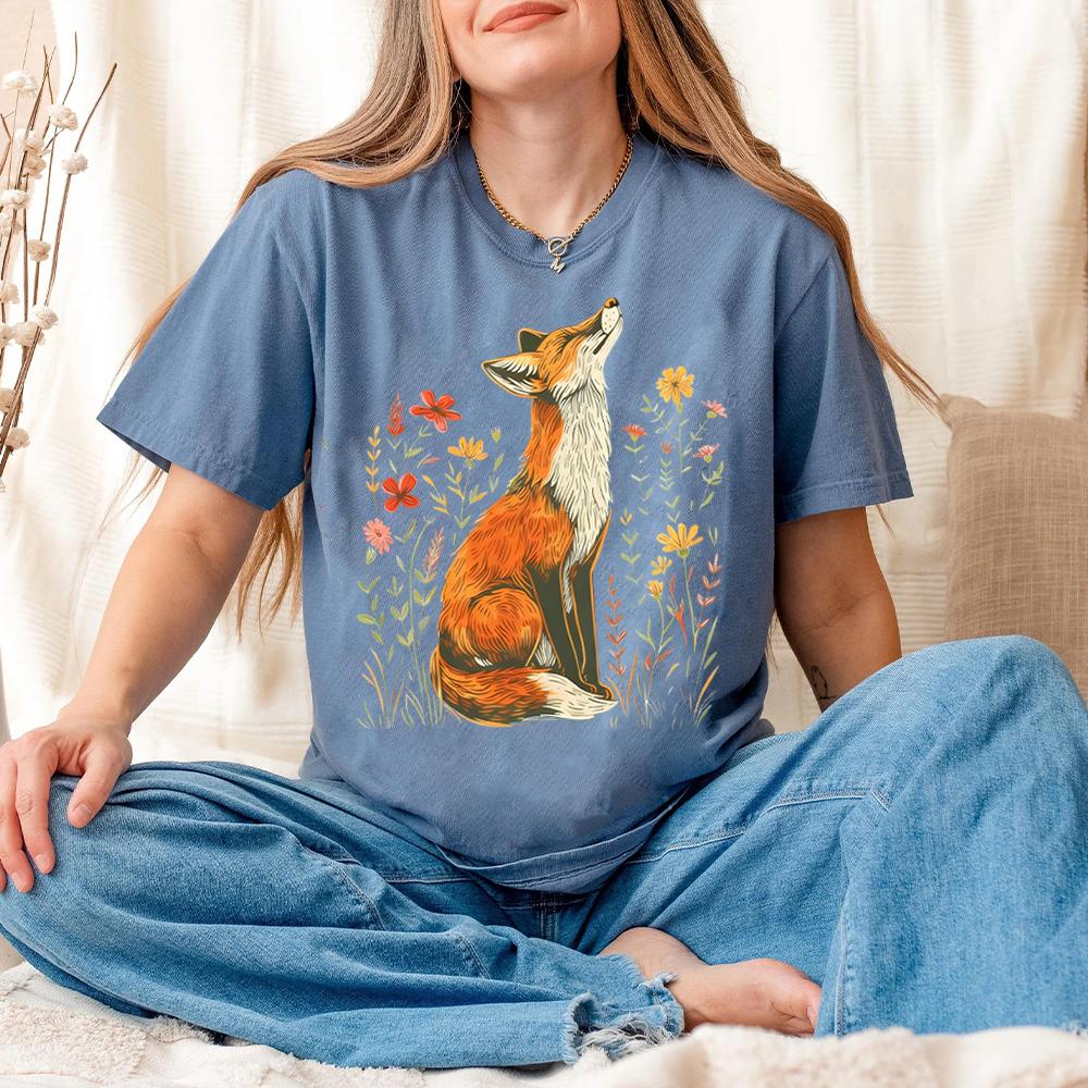 Vintage Wildflower Fox Comfort Shirts Light Academia Cottagecore Forestcore Whimsical Shirt Casual Daily Y2K Top Streetwear