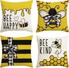 Happy Bee Kind Throw Pillow Covers, 18 X 18 Inch Honey And Bee Summer Cushion Case Decoration For Sofa Couch Set Of 4