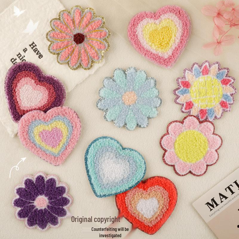 Chenille Heart & Flower Embroidery Patch with Adhesive Backing