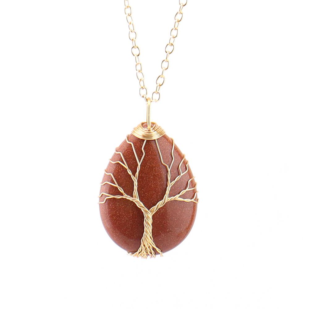 Natural Crystal Water Drop Leaf & Tree of Life Pendant Necklace for Women, Alloy Woven Jewelry Accessory N749