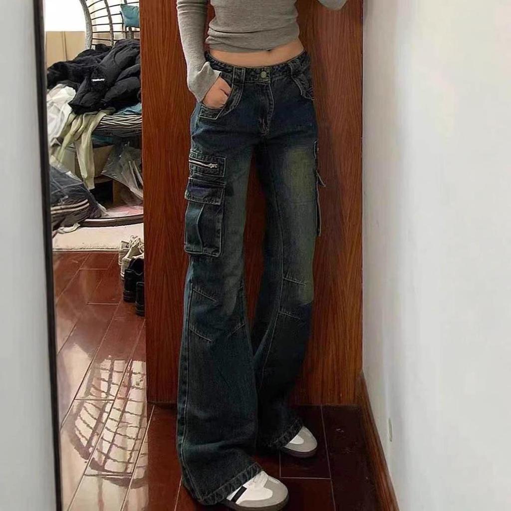 Women's Retro Low-Waist Pocket Cargo Flare Jeans - Spring/Autumn Style