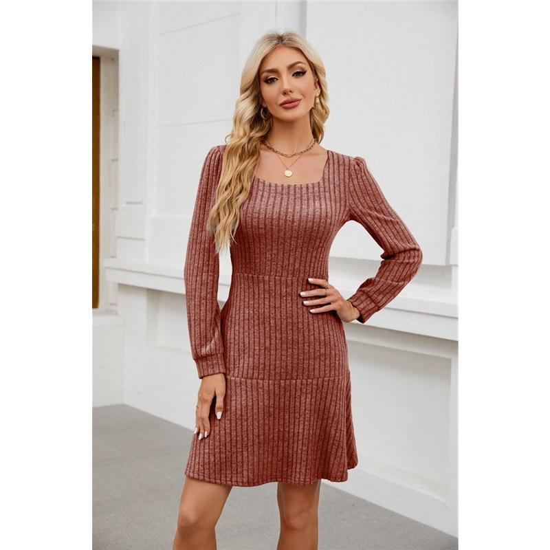 Women Square Neck Knit Dress Long Sleeve Pockets A‑Line Swing Ruffle Hem Casual Fall Short Knitted Midi Dress