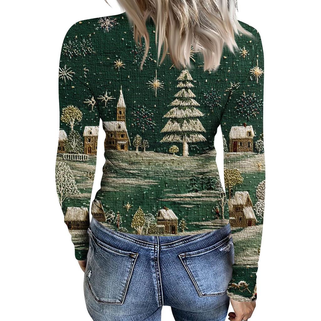 Women's  Slim Bottom T-shirt Fashion Casual Gradient Printing Round Neck Pullover Long Sleeve Top