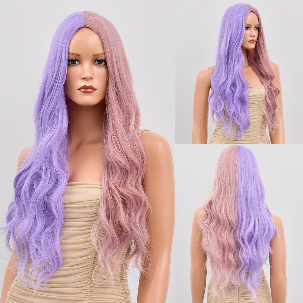 Synthetische Perücke für Frau, blau gefärbt, Ombre, langer Körper, Wasserwelle, Cosplay-Party, Lolita, 28 Zoll, hitzebeständige Nutural-Perücke