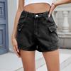 Women's Fashion Solid Color Pocket Button Pocket Elastic Waist Casual Denim Shorts