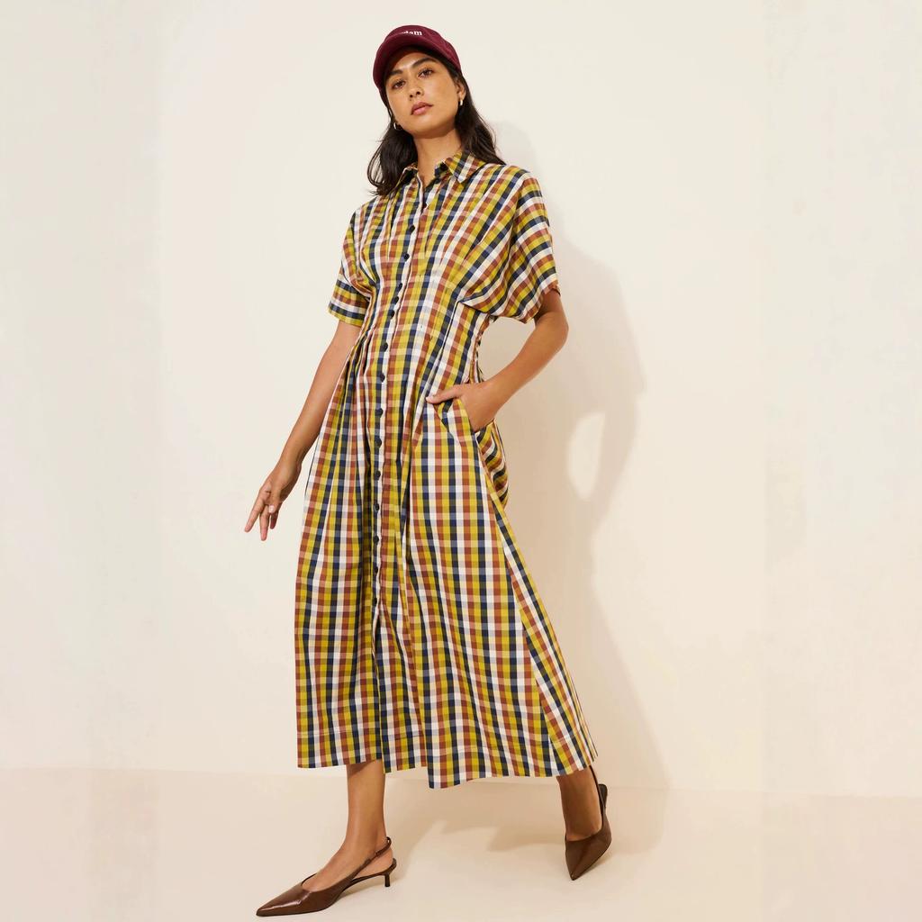 French retro plaid shirt dress women's waist and thin short-sleeved temperament college style long A-word long dress