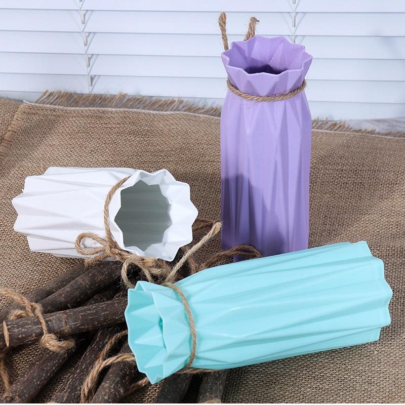 Simple Plastic Imitation Ceramic Vase Home Decoration Vase Decoration Crafts Hemp Rope Tied Solid Color Flower Arrangement Vase