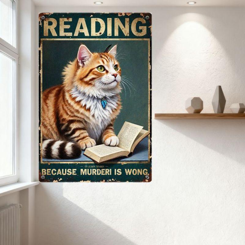 Vintage Reading Cat Metal Sign Distressed Rustic Wall Decor - Because Murder Is Wrong with Orange Tabby Cat & Book, Jeremy Vande