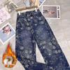 Blue Retro Chic High-Waisted Embroidered Straight-Leg Jeans - Winter 2026 Velvet Plus Niche Fashion