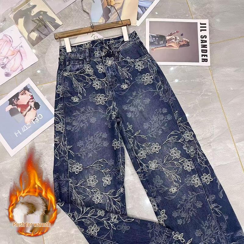 Blue Retro Chic High-Waisted Embroidered Straight-Leg Jeans - Winter 2026 Velvet Plus Niche Fashion