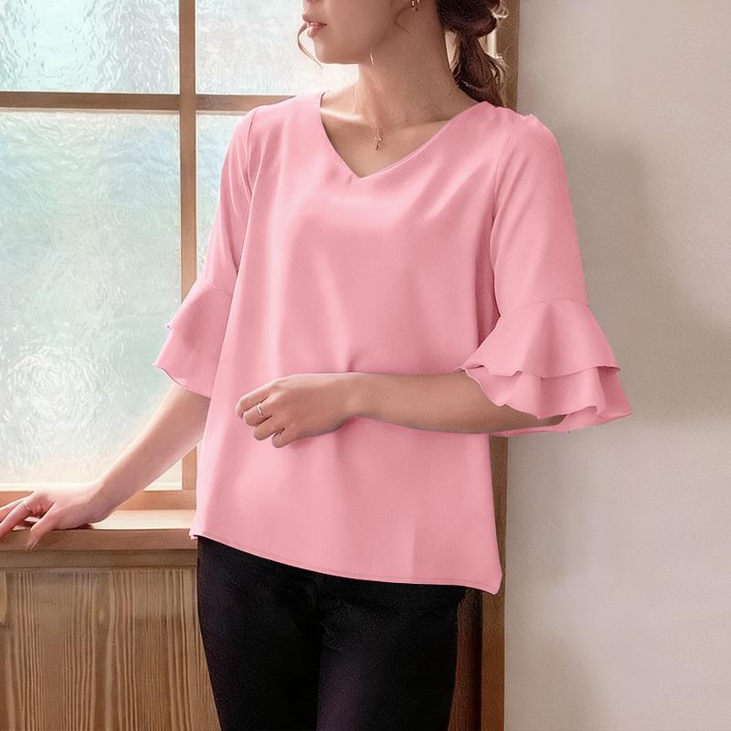 

ZANZEA Женская летняя блузка с V-образным вырезом, свободная, повседневная, с оборками, рукав до локтя S розовый