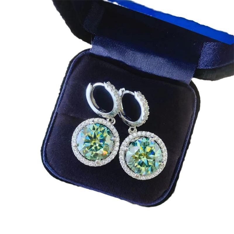 Elegant High-End Green Moissanite Stud Earrings for Women - Light Luxury Round Ear Pendants, New Goddess Style