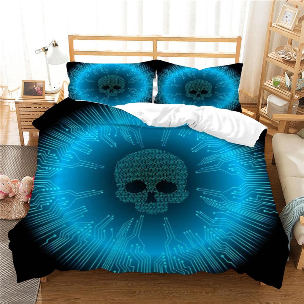 Design-Bettbezug-Set, 3D-Schädel-Druck, Bettwäsche-Set, cooler Bettbezug, Polyester-Bettbezug, King-Size-Queen-Size-Bettwäsche