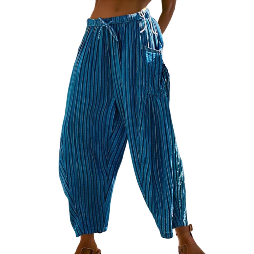 Women's Fashion Striped Straight,Leg Elasticated Waist Cropped Pleated Casual Trousers