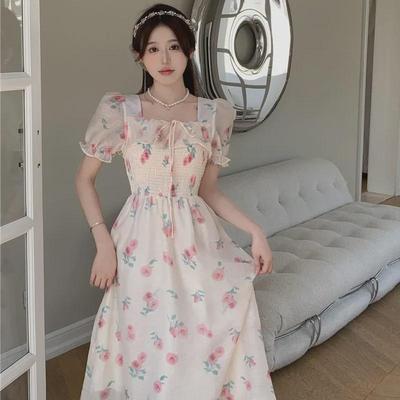 French Square Collar High-Waist Floral Summer Dress 2024