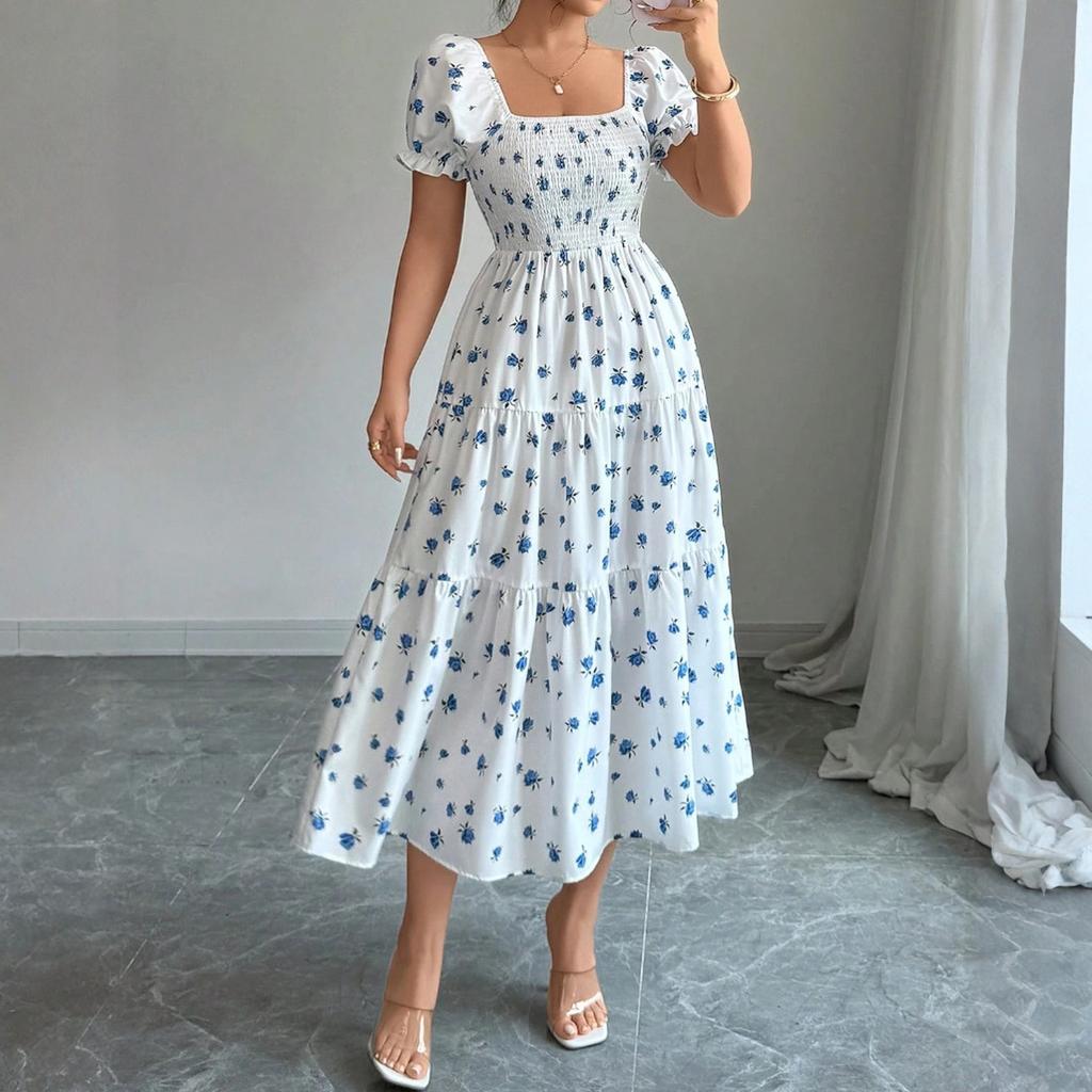 Women's Dress Casual Flowy Dresses square neckline Vocation Boho Beach Sundress