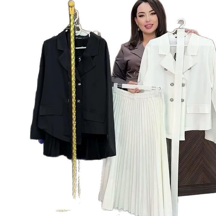 2025 Autumn Collection: Lapel Long Sleeve Belted Suit Jacket & Pleated Midi Skirt Set for European and American Workplace Commute