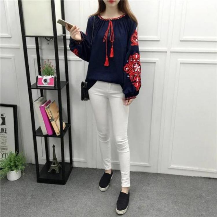 Women Summer Blouse Ethnic Embroidered Pullover Top Round Neck Lantern Sleeve Loose Fit Tunic Shirt