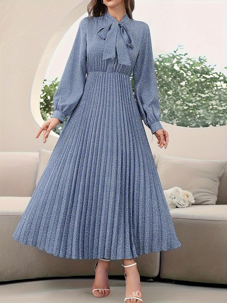 Women's Long Sleeve Polka Dot Pleated Dress, New Arrivals