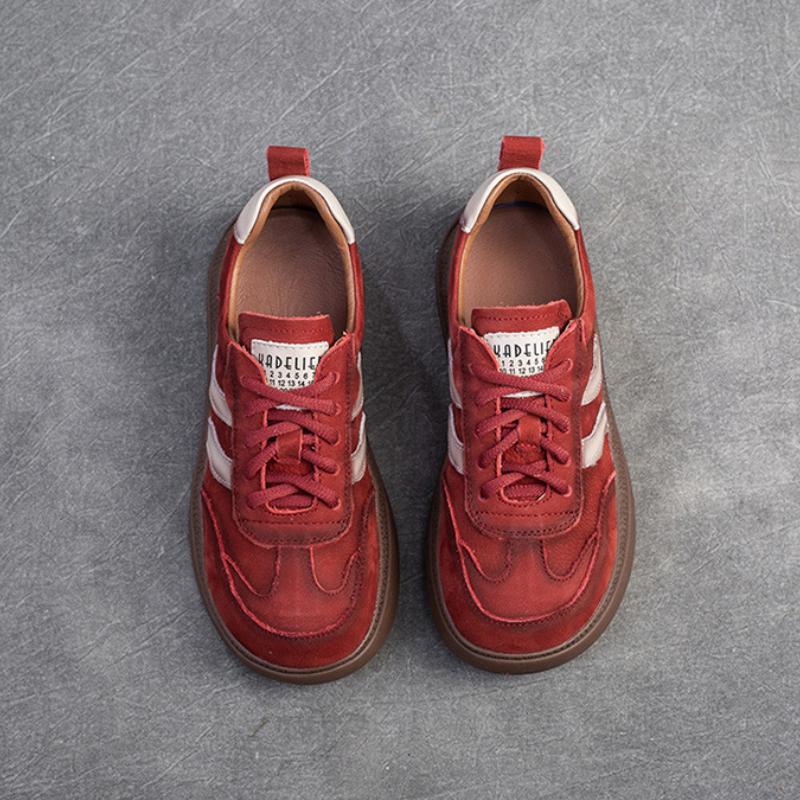Johnature Colored Sneakers Comfortable Lace Up Flat Shoes Retro Genuine Leather Casual Women's Shoes