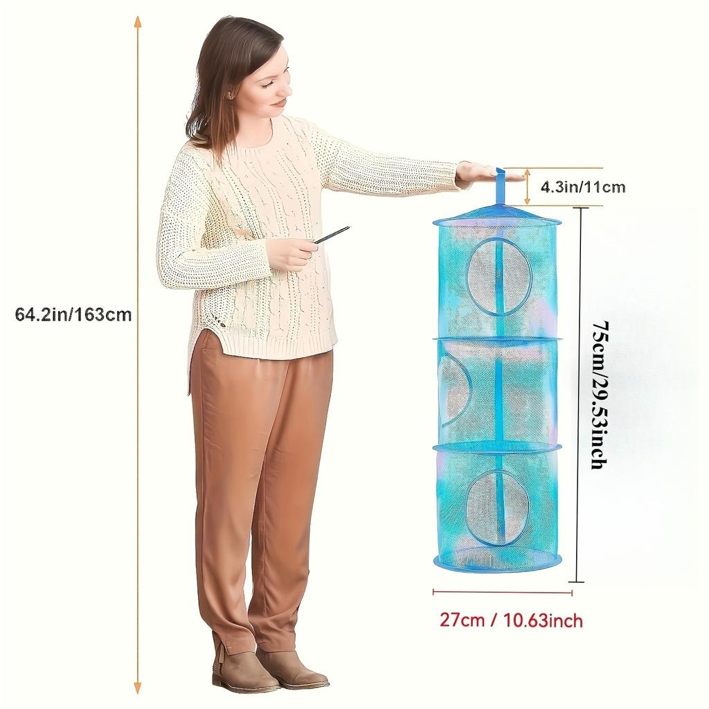 3-tier hanging grid organizer, stackable open cage plush animal storage, multi-purpose cylindrical toy net hammock - hanging bag