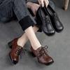 Johnature Retro-Damenschuhe mit mittelhohen Absätzen, einfarbige Pumps, echtes Leder, runde Zehen, handgefertigte Schnürschuhe