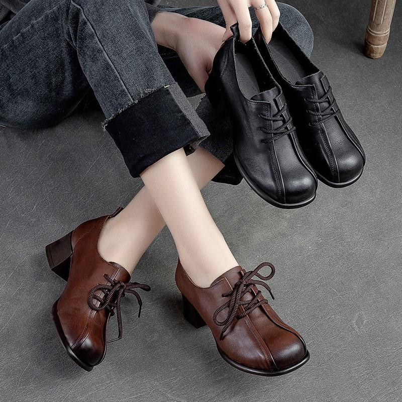 Johnature Retro-Damenschuhe mit mittelhohen Absätzen, einfarbige Pumps, echtes Leder, runde Zehen, handgefertigte Schnürschuhe