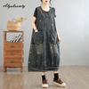 2026 Plus Size Spring Summer Women Denim Sundress Embroidery Casual Loose Baggy Oversized Tank Dress Sleeveless Midi Dress With Pockets