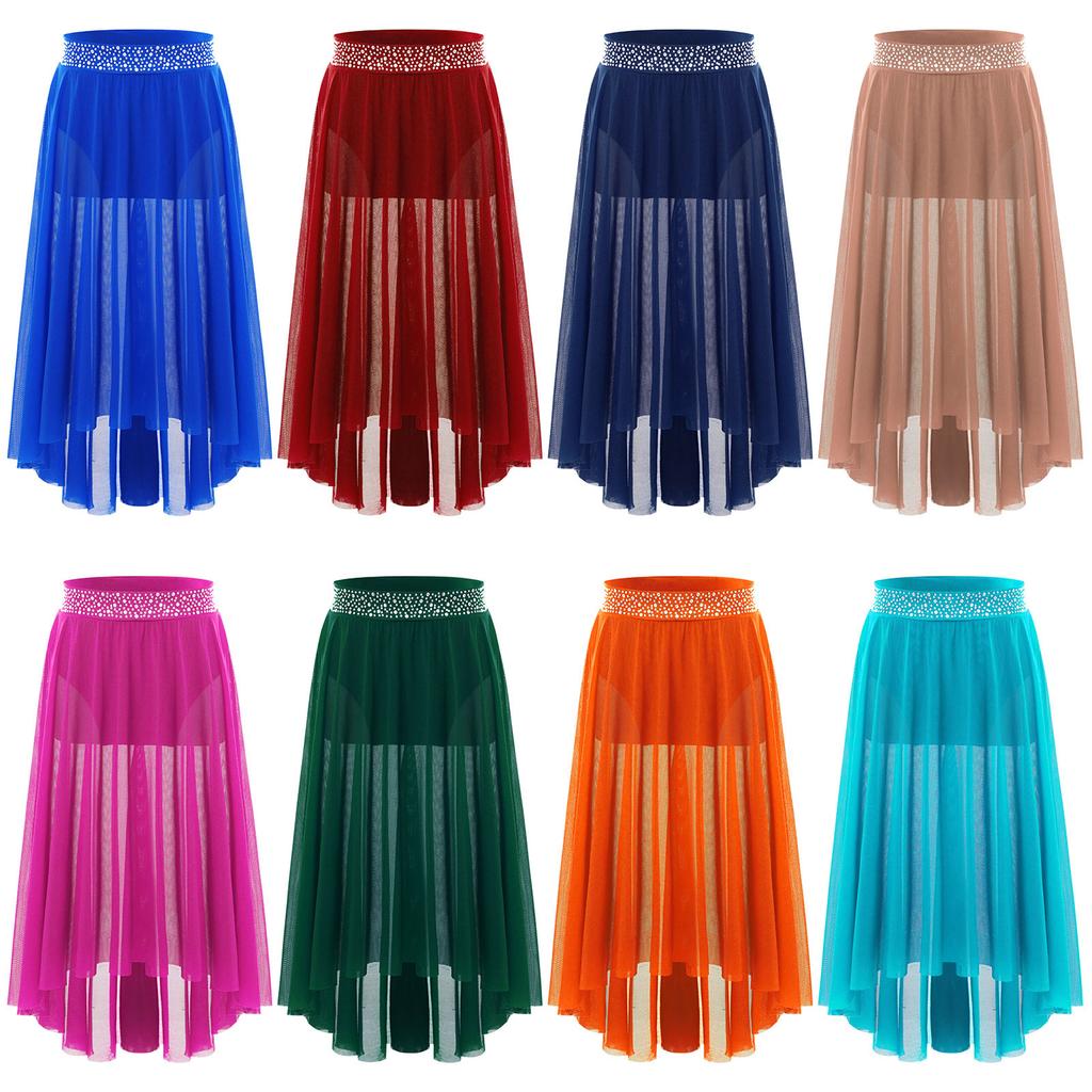 Dziewczęca spódnica do tańca lirycznego z błyszczącym paskiem z cyrkonii, asymetryczna spódnica z siateczki, rozcięcie z boku, współczesna