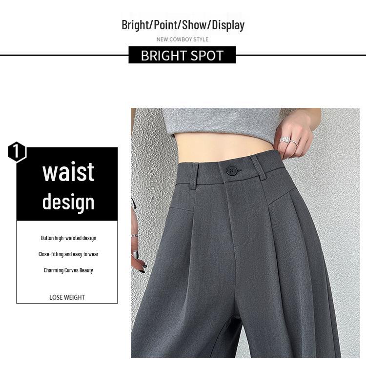 Gray High-Waisted Slimming Wide-Leg Suit Pants - Women's Versatile Loose Floor-Length Trousers for Spring and Summer