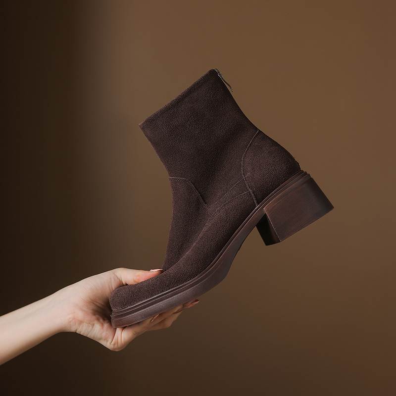 Krazing Pot Cow Suede Nubuck Round Toe Thick Heels Chelsea Boots Size 42 Concise Style Women Keep Warm Ankle Boots