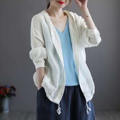 Spring and Summer Loose Hooded Cotton and LinenTop Thin Short Jacket